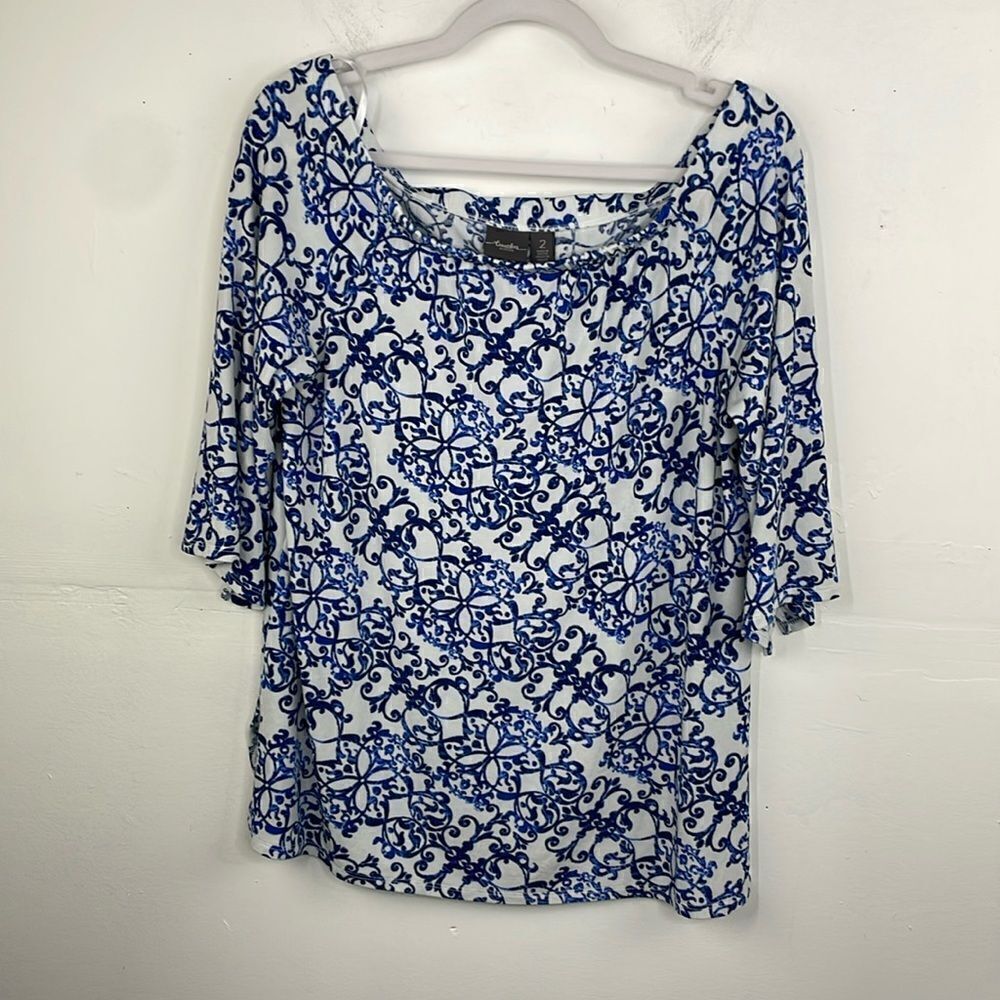 Chico’s TRAVELERS CLASSIC Off-The-Shoulder Top paisley Blue & White size L
